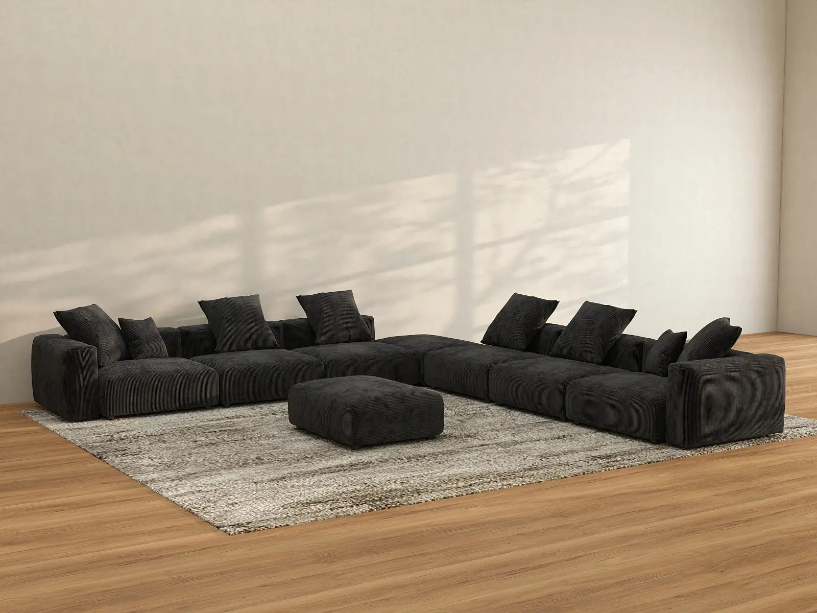 Sofá Matrix de 6 plazas, negro, lavable | 8 piezas (incluye 2 otomanas), tela de pana, diseño modular