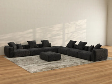 Sofá Matrix de 6 plazas, negro, lavable | 8 piezas (incluye 2 otomanas), tela de pana, diseño modular