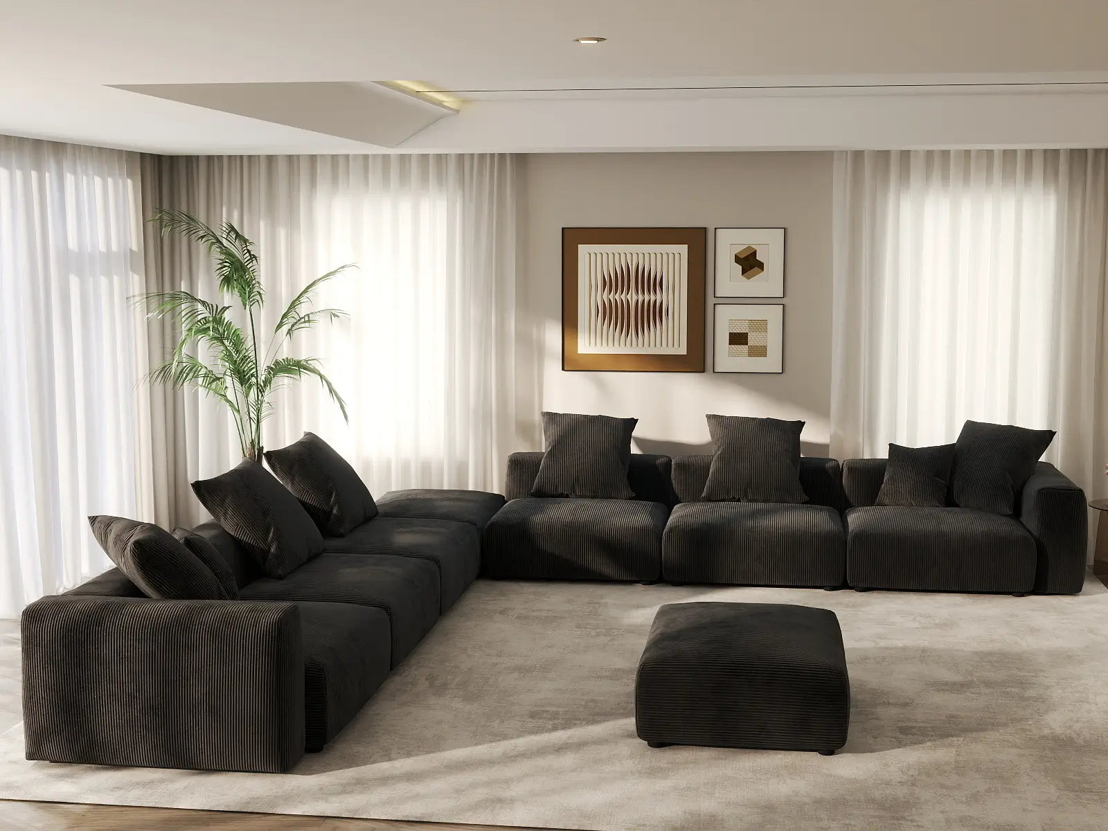 WJS Home 8 Piece Black Corduroy Sofa Sets 6 Seater_6