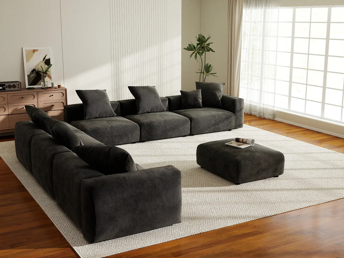 WJS Home 8 Piece Black Corduroy Sofa Sets 6 Seater_7