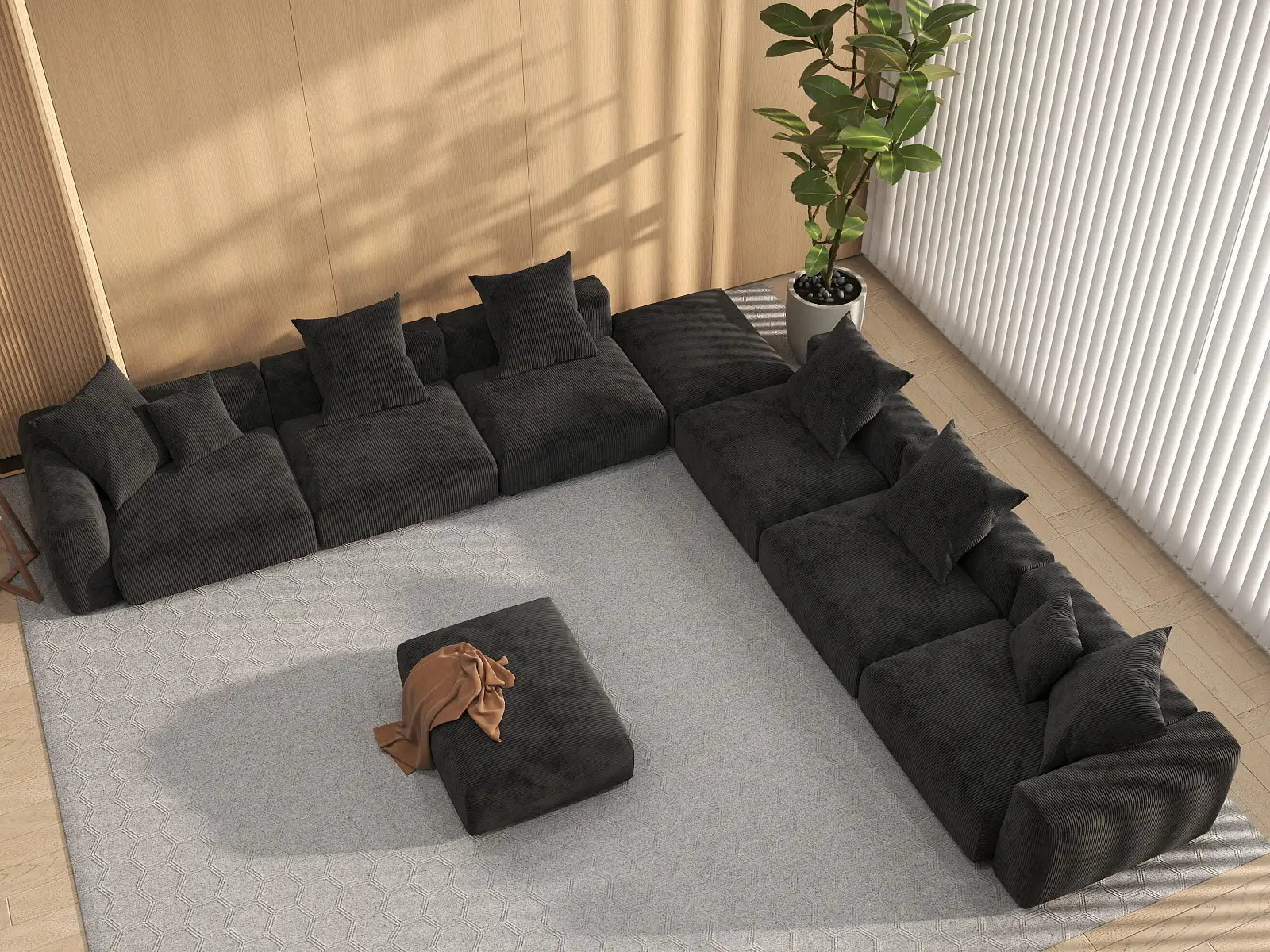 WJS Home 8 Piece Black Corduroy Sofa Sets 6 Seater_8
