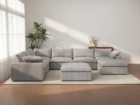 Deluxe Cloud 6-Seater Light-Grey Storage Sofa Set | 8-Piece (includes 2 Ottomans), Cotton and Linen Fabric, Washable Covers