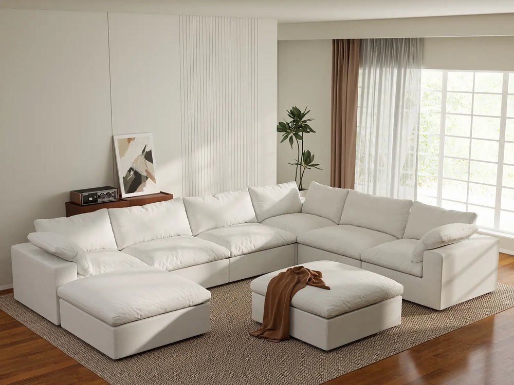 WJS Home 8 Piece Cotton and Linen White Sofa Sets 160 Flexible Armrest Pillows 6 Seater_1