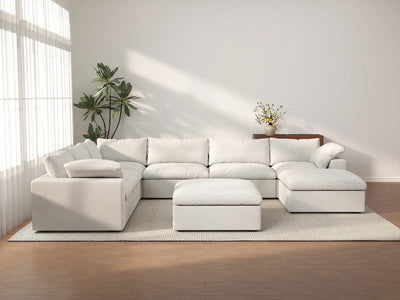 Deluxe Cloud 6-Seater White Storage Sofa Set | 8-Piece (includes 2 Ottomans), Cotton and Linen Fabric, Washable Covers