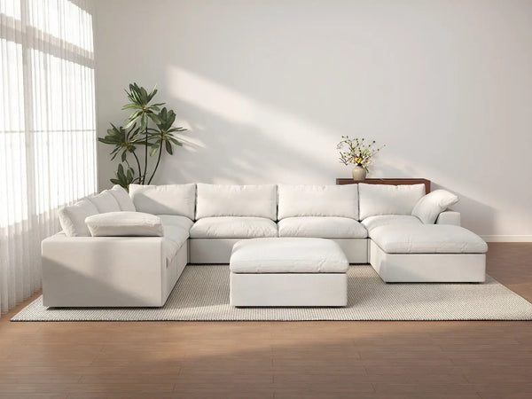 Deluxe Premium Cloud Sectional Sofas | 8-Piece Cotton and Linen White Sofa Sets 160" Flexible Armrest Pillows 6-Seater
