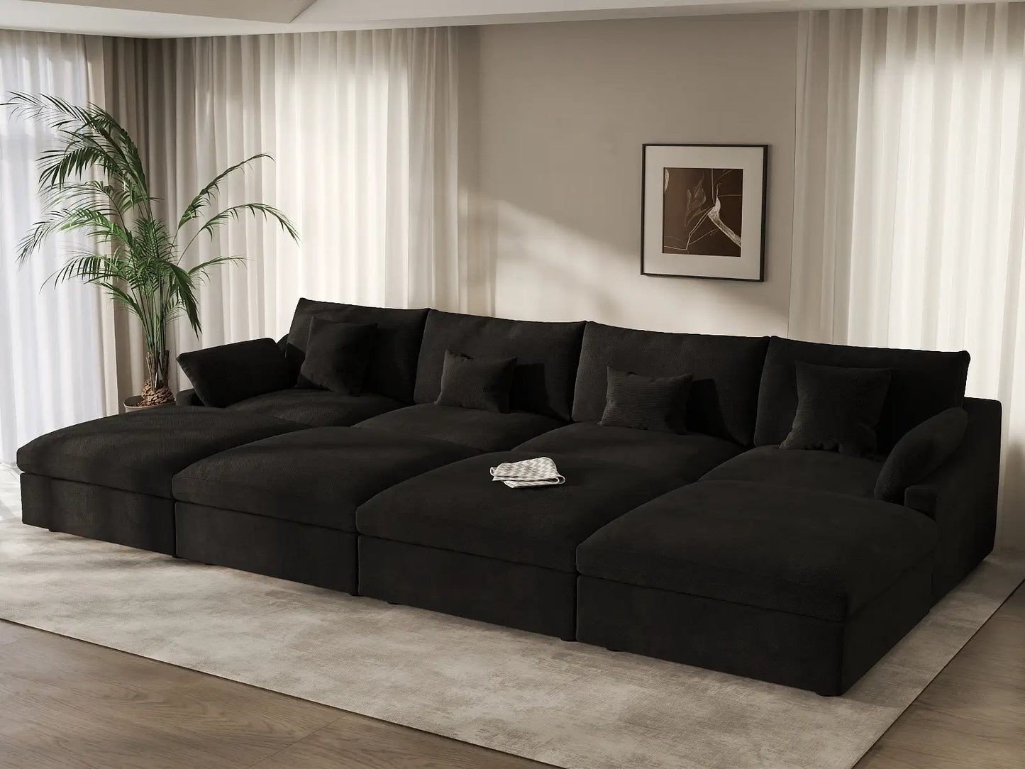 WJS Home 8 Piece Linen Black Pit Sectionals 160 Adjustable Backrest Pillows 4 Seater_1