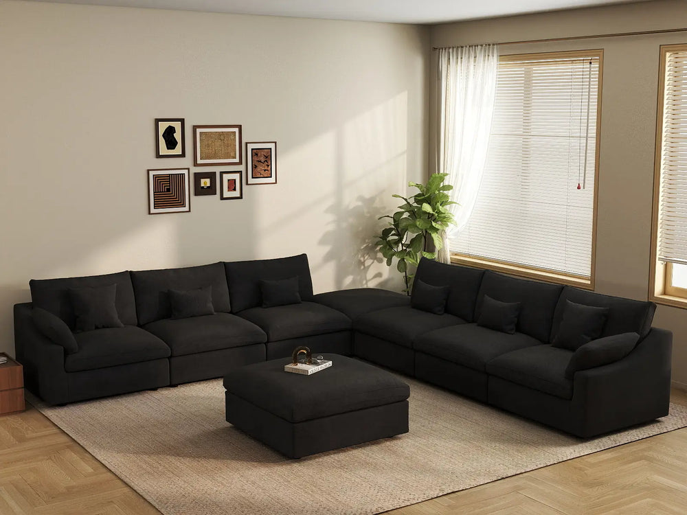 WJS Home 8 Piece Linen Black Sofa Sets 160 Adjustable Backrest Pillows 6 Seater_1