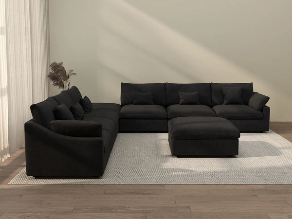 Sofá de lujo Cloud de 6 plazas, color negro, lavable | 8 piezas (incluye 2 otomanas), tejido de chenilla y lino, diseño modular