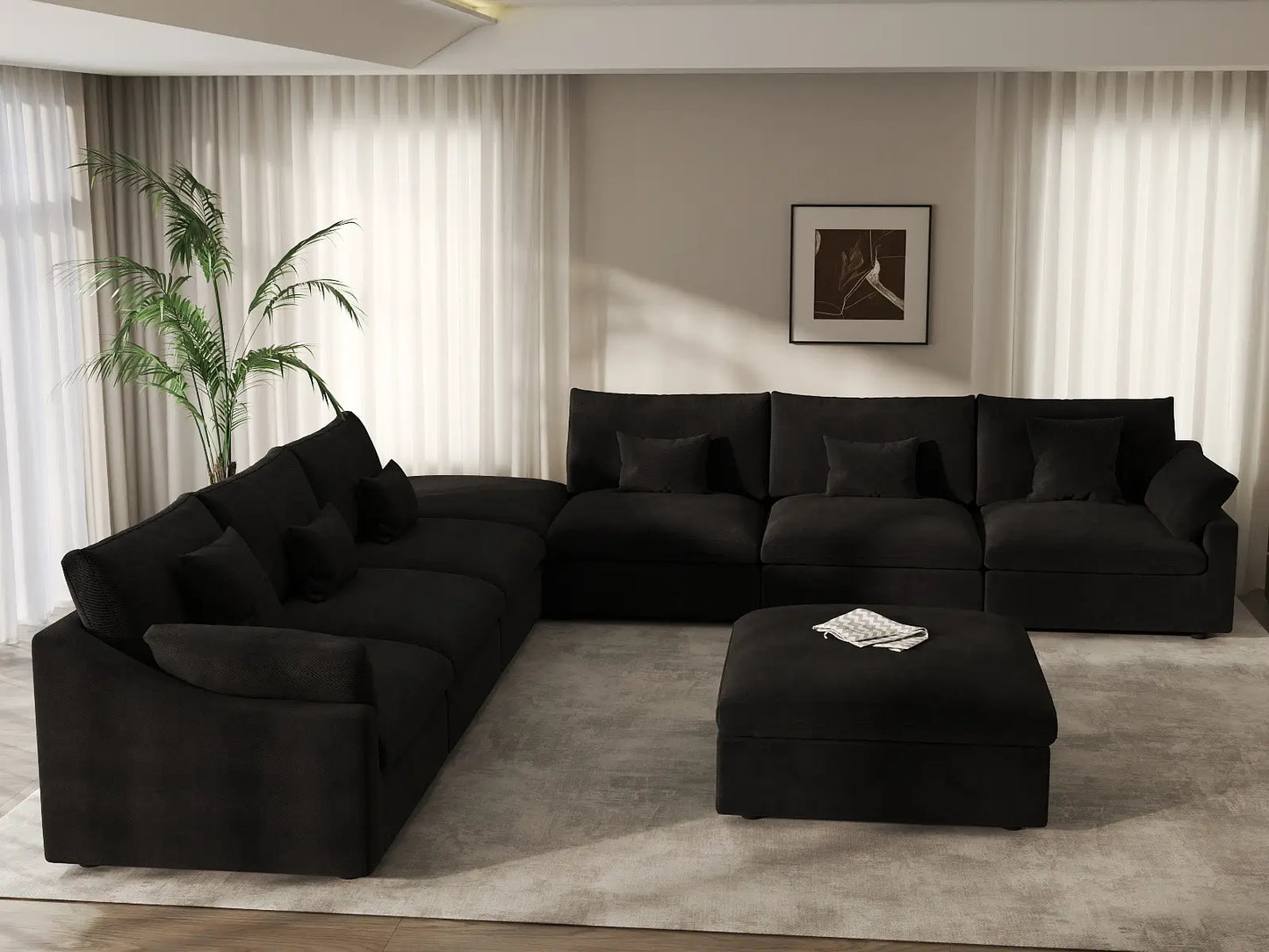 WJS Home 8 Piece Linen Black Sofa Sets 160 Adjustable Backrest Pillows 6 Seater_6