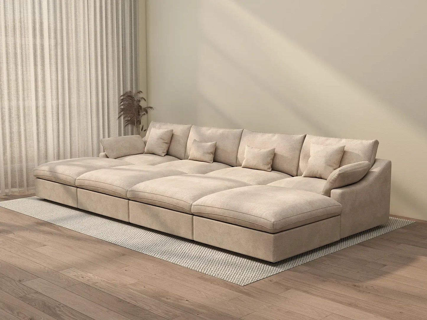 WJS Home 8 Piece Linen Khaki Pit Sectionals 160 Adjustable Backrest Pillows 4 Seater_3