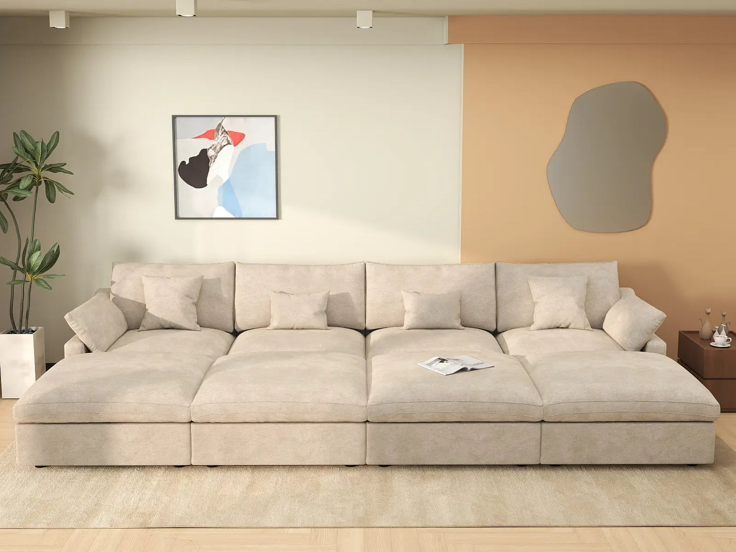 WJS Home 8 Piece Linen Khaki Pit Sectionals 160 Adjustable Backrest Pillows 4 Seater_6