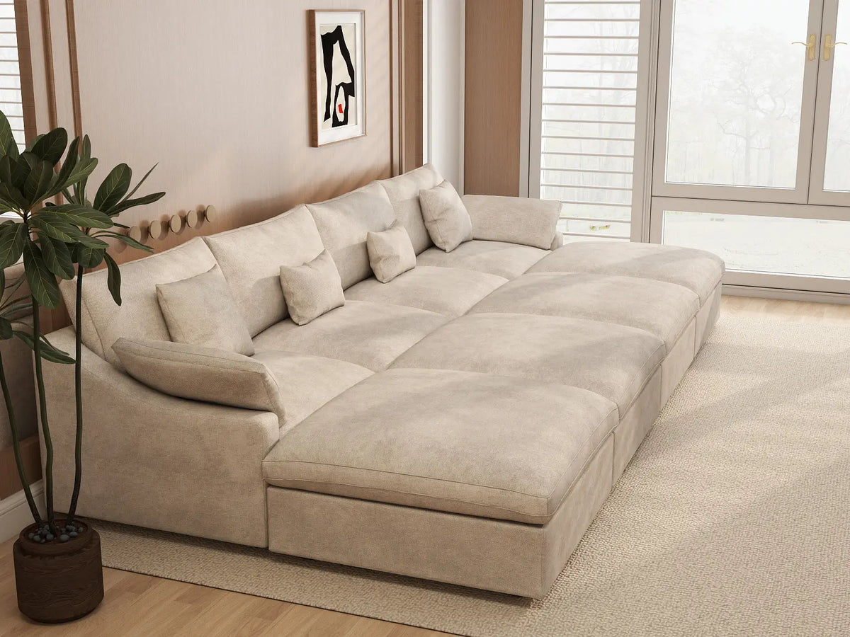 WJS Home 8 Piece Linen Khaki Pit Sectionals 160 Adjustable Backrest Pillows 4 Seater_7