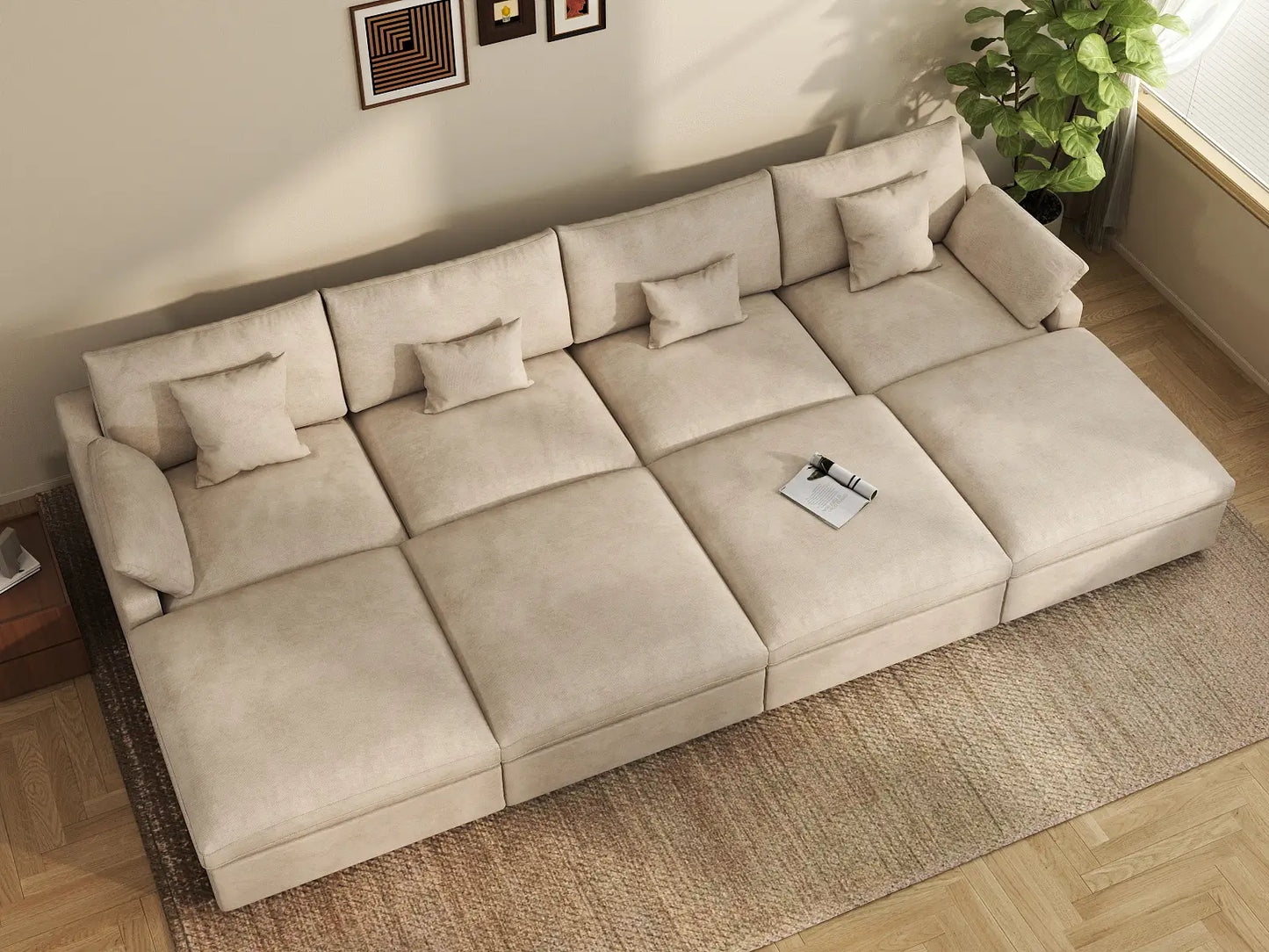 WJS Home 8 Piece Linen Khaki Pit Sectionals 160 Adjustable Backrest Pillows 4 Seater_8