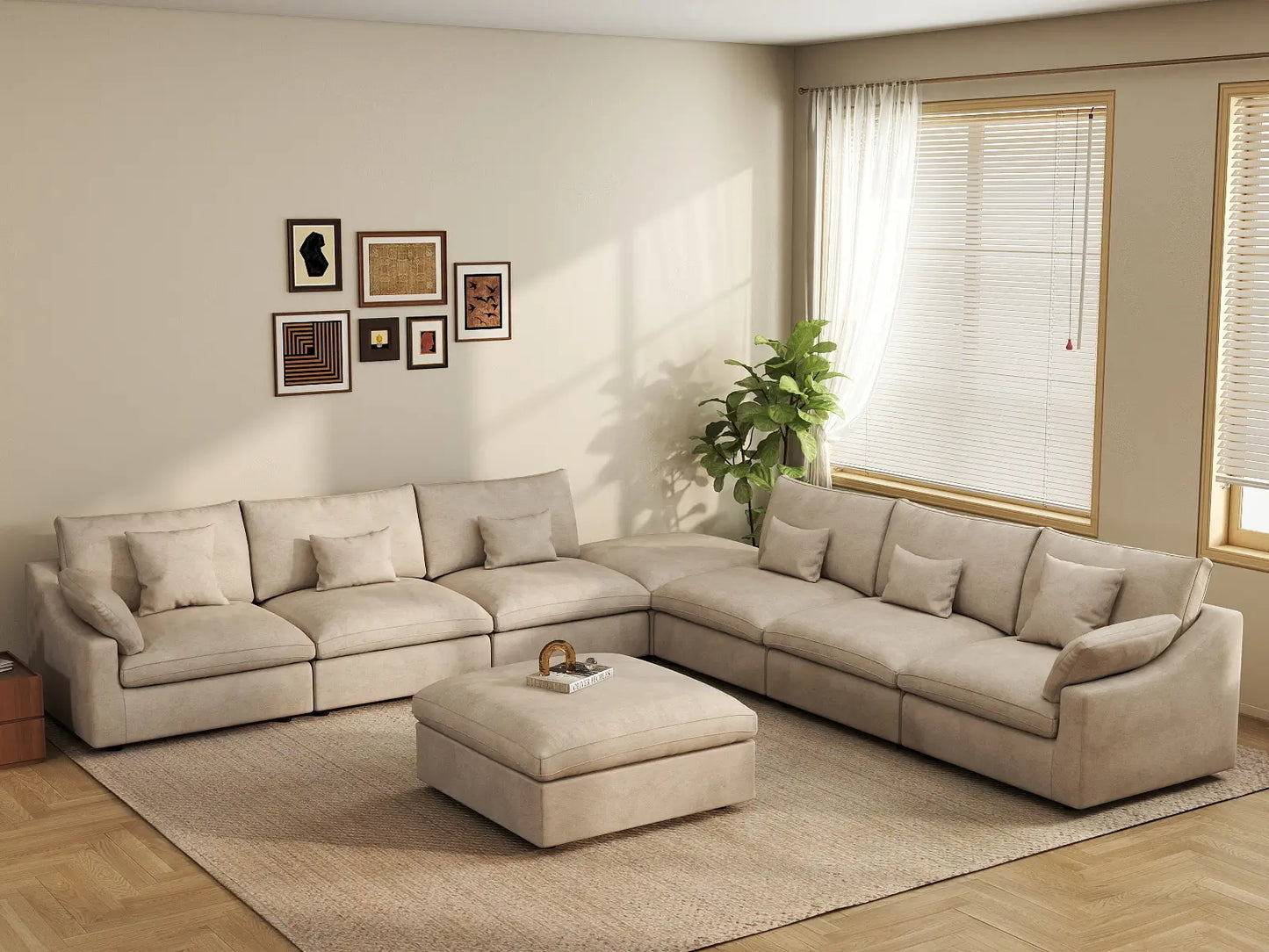 WJS Home 8 Piece Linen Khaki Sofa Sets 160 Adjustable Backrest Pillows 6 Seater_1