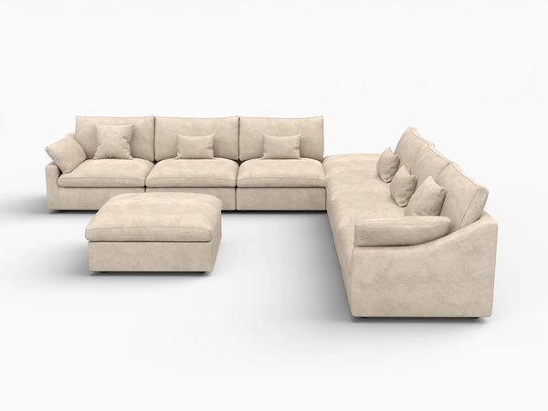 Deluxe Slope Cloud Sectional Sofa Covers | Khaki Chenille and Linen Sofa Cover for 6-Seater with 2-Ottomans
