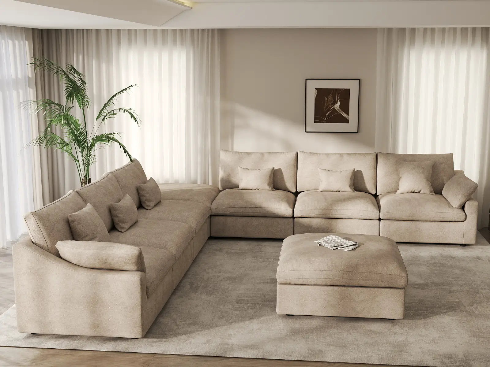 WJS Home 8 Piece Linen Khaki Sofa Sets 160 Adjustable Backrest Pillows 6 Seater_6