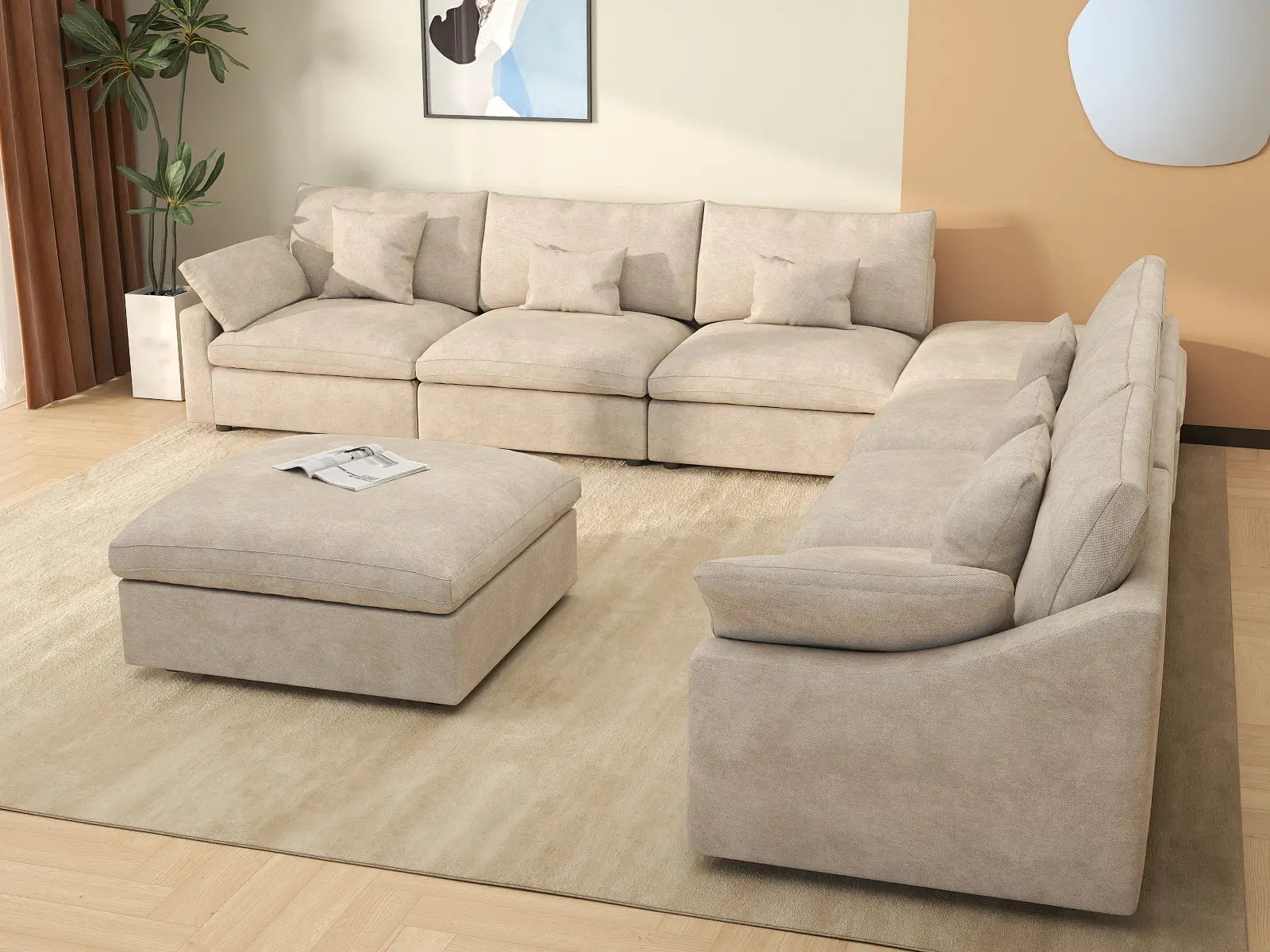 WJS Home 8 Piece Linen Khaki Sofa Sets 160 Adjustable Backrest Pillows 6 Seater_7
