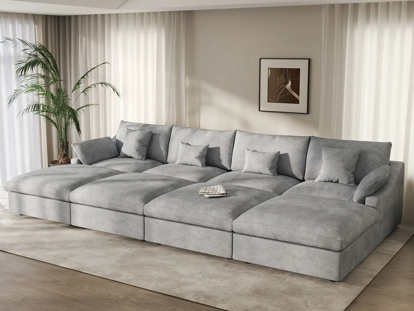 WJS Home 8 Piece Linen Light Grey Pit Sectionals 160 Adjustable Backrest Pillows 4 Seater_1