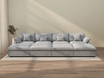 Deluxe Cloud 4-Seater Light-Grey Washable Pit Sectional | 8-Piece (includes 4 Ottomans), Chenille and Linen Fabric, Modular Design