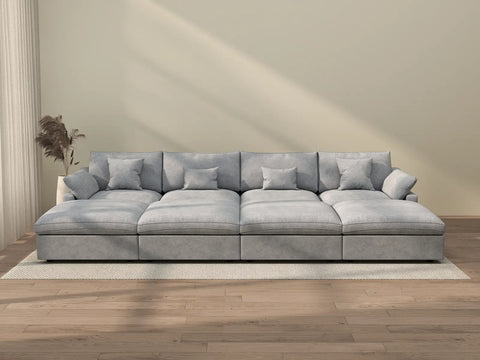 Sofá modular Deluxe Cloud de 4 plazas, color gris claro, lavable, con reposapiés integrado | 8 piezas (incluye 4 otomanas), tejido de chenilla y lino, diseño modular.