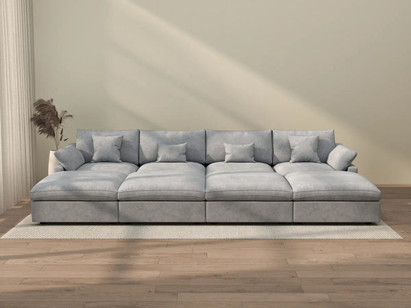 Sofá modular Deluxe Cloud de 4 plazas, color gris claro, lavable, con reposapiés integrado | 8 piezas (incluye 4 otomanas), tejido de chenilla y lino, diseño modular.