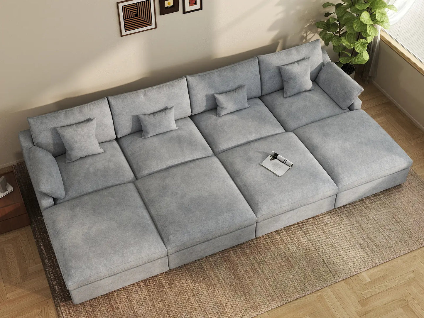 WJS Home 8 Piece Linen Light Grey Pit Sectionals 160 Adjustable Backrest Pillows 4 Seater_8