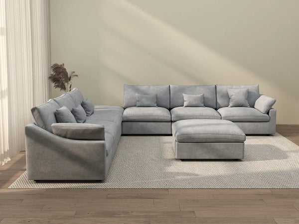 Sofá de lujo Cloud de 6 plazas, color gris claro, lavable | 8 piezas (incluye 2 otomanas), tejido de chenilla y lino, diseño modular