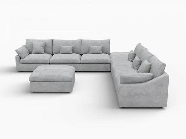 Deluxe Slope Cloud Sectional Sofa Covers | Light Grey Chenille and Linen Sofa Cover for 6-Seater with 2-Ottomans