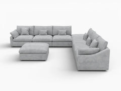Deluxe Slope Cloud Sectional Sofa Covers | Light Grey Chenille and Linen Sofa Cover for 6-Seater with 2-Ottomans