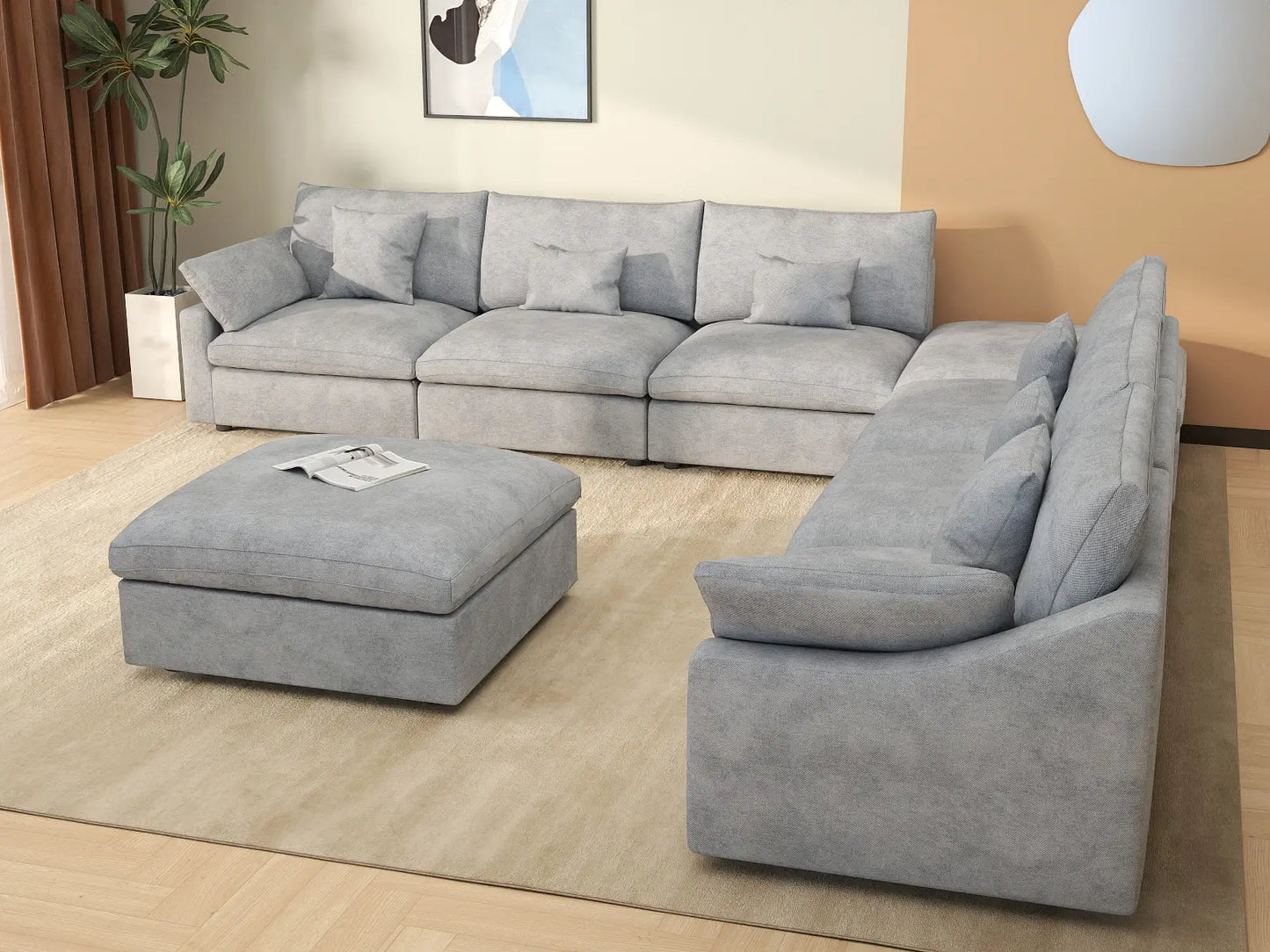WJS Home 8 Piece Linen Light Grey Sofa Sets 160 Adjustable Backrest Pillows 6 Seater_7