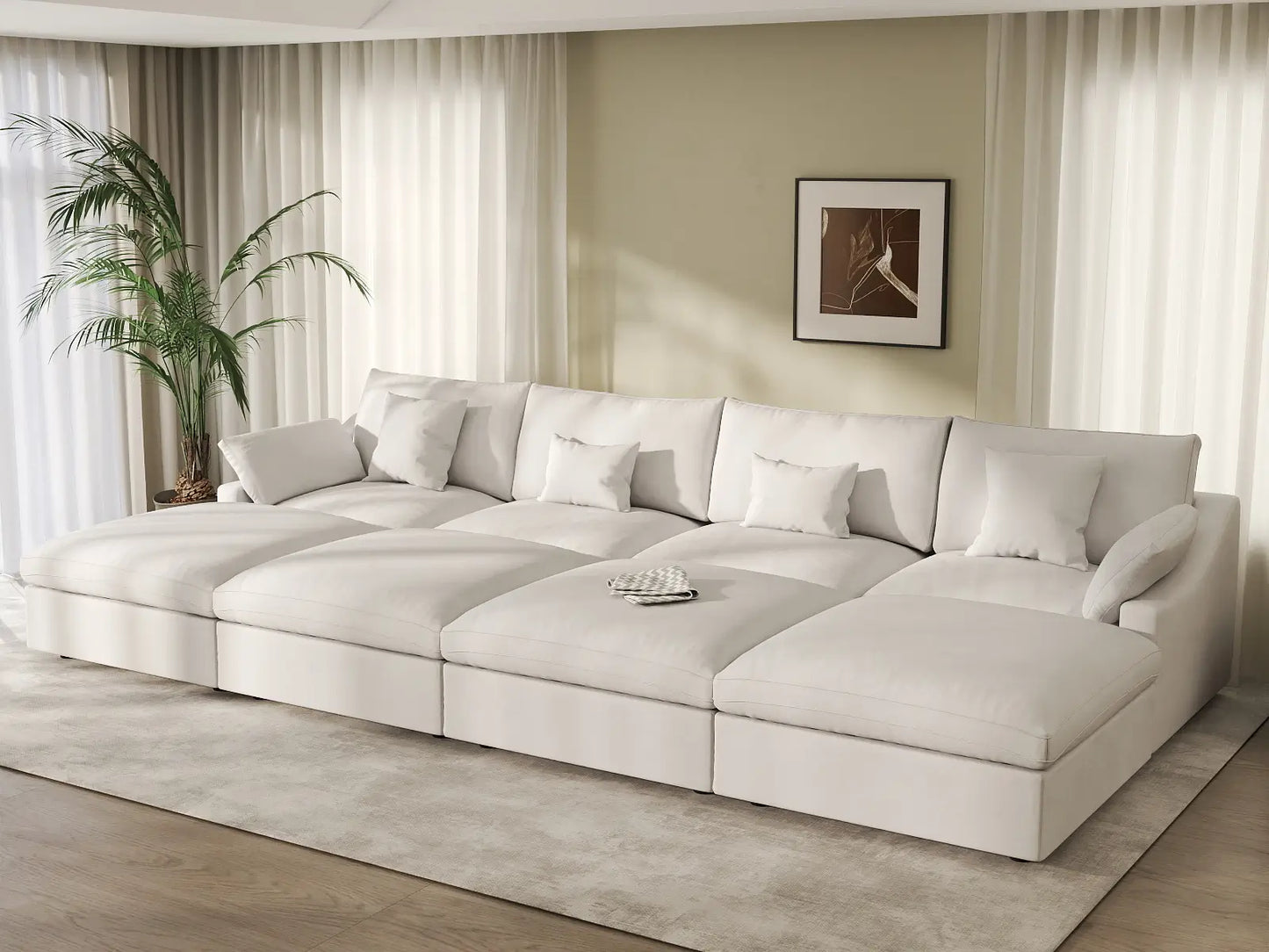 WJS Home 8 Piece Linen White Pit Sectionals 160 Adjustable Backrest Pillows 4 Seater_1