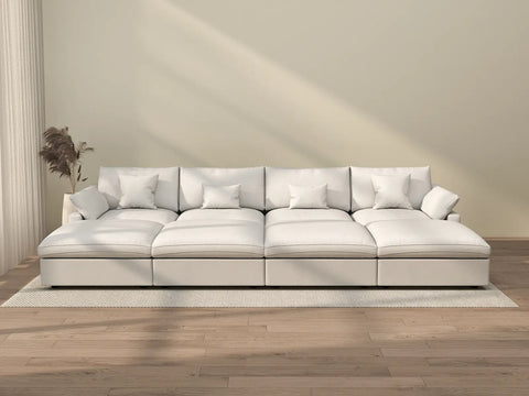 Sofá modular Deluxe Cloud de 4 plazas, blanco, lavable | 8 piezas (incluye 4 otomanas), tejido de chenilla y lino, diseño modular