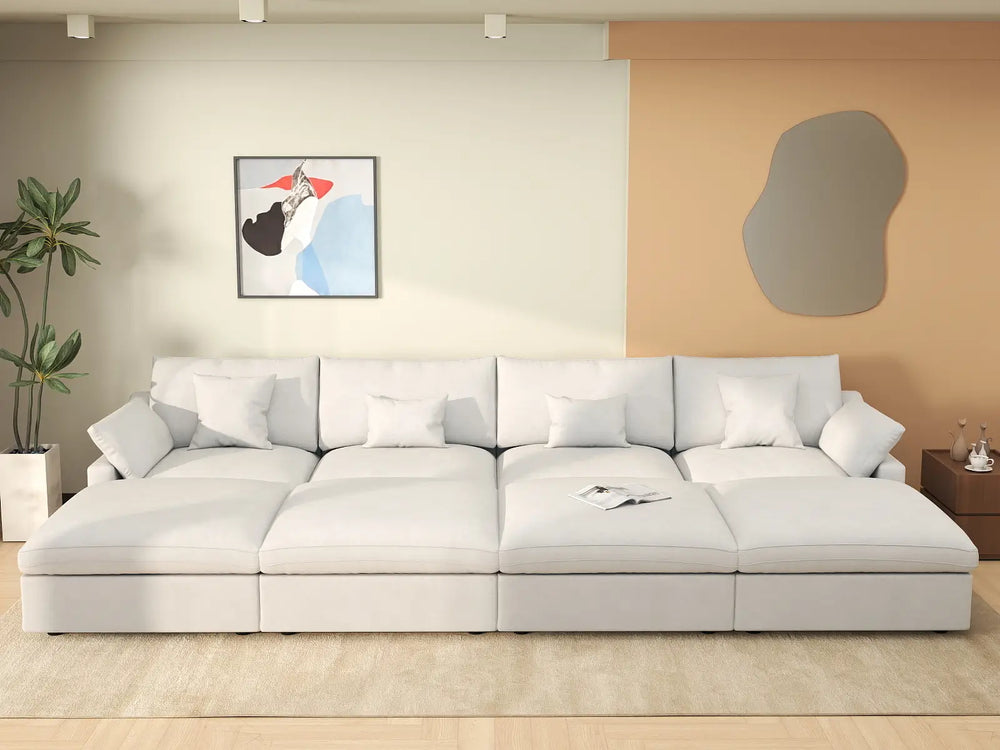 WJS Home 8 Piece Linen White Pit Sectionals 160 Adjustable Backrest Pillows 4 Seater_6