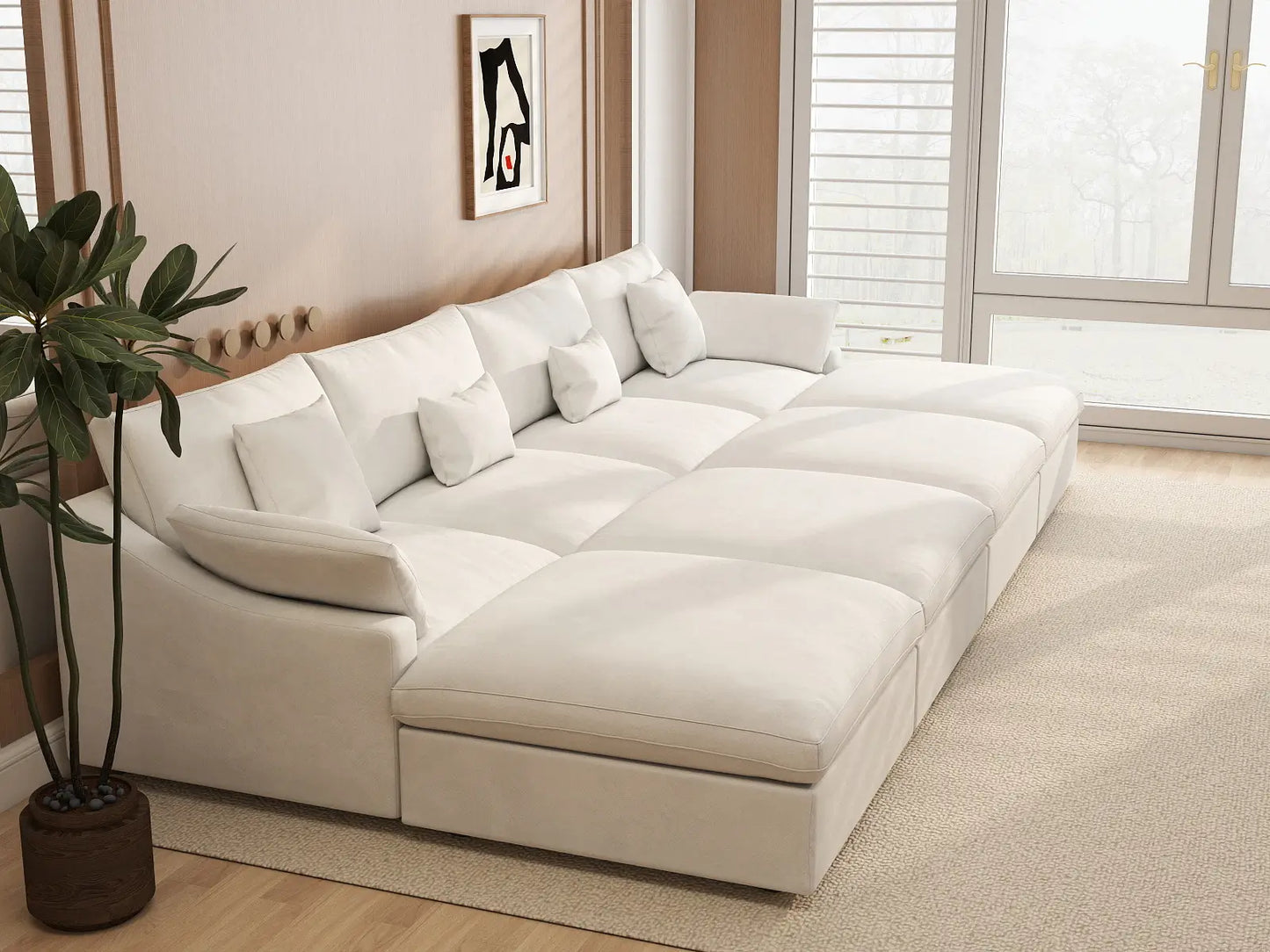 WJS Home 8 Piece Linen White Pit Sectionals 160 Adjustable Backrest Pillows 4 Seater_7