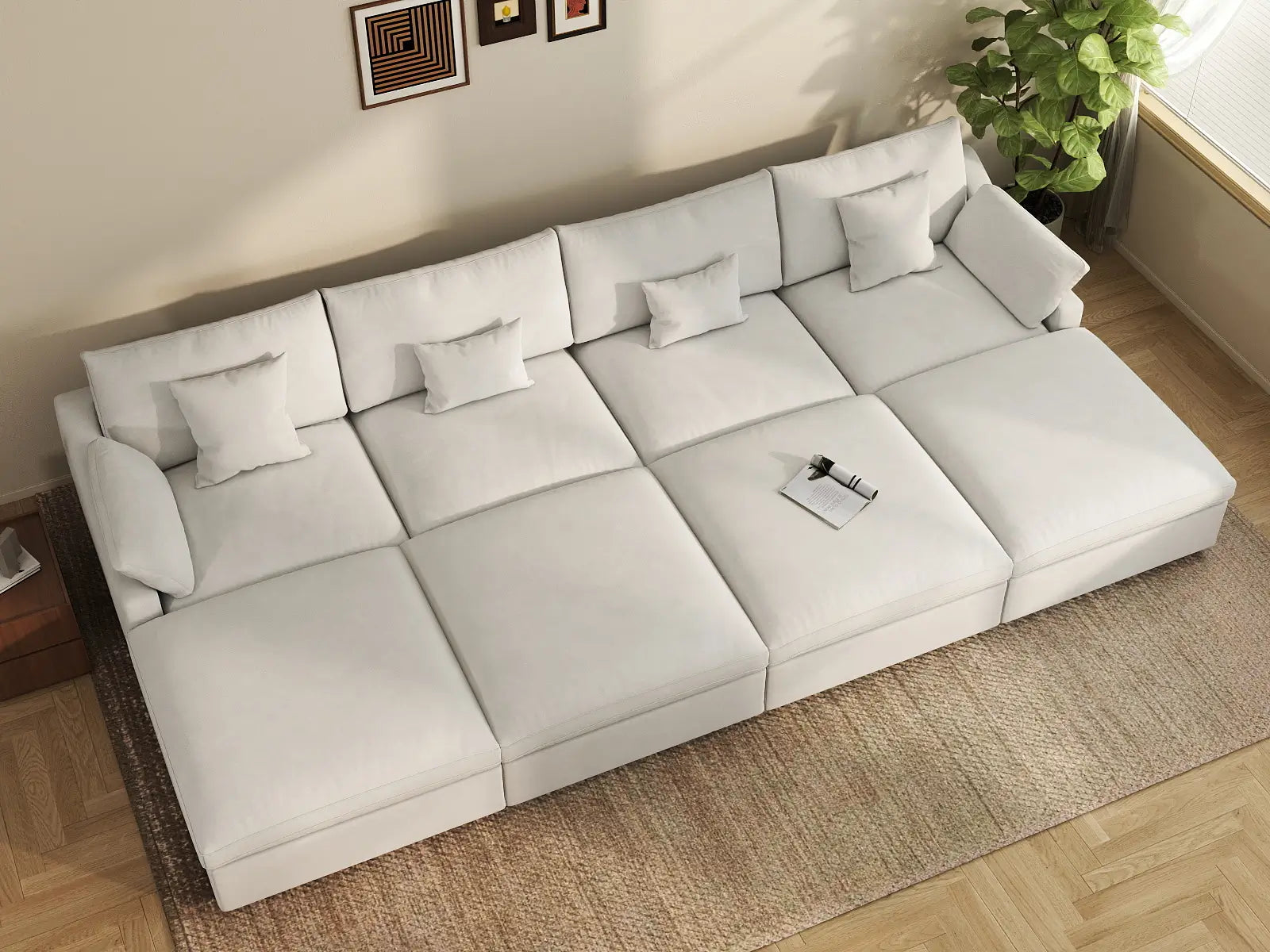 WJS Home 8 Piece Linen White Pit Sectionals 160 Adjustable Backrest Pillows 4 Seater_8