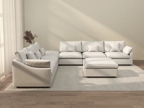 Sofá de lujo Cloud de 6 plazas, blanco, lavable | 8 piezas (incluye 2 otomanas), tela de chenilla y lino, diseño modular