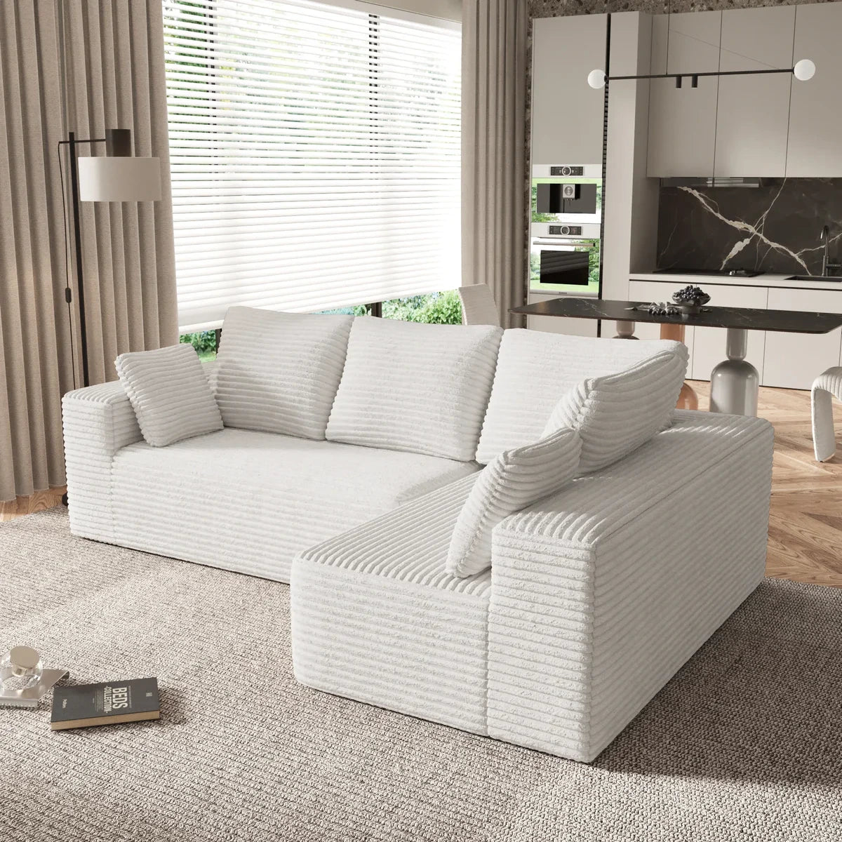 WJS Home Beige Corduroy 4-Seater Sofa Best for Smaller Homes
