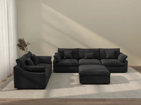 Deluxe Cloud 5-Seater Black Pit Sectional | 6-Piece (Includes 1 Ottoman), Chenille And Linen Fabric, Washable Cushion Covers