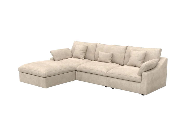 Deluxe Cloud 3-Seater Khaki Washable L-Shaped Sectional | 4-Piece (includes 1 Ottoman), Chenille and Linen Fabric, Modular Design