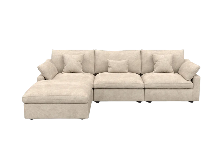 Deluxe Cloud 3-Seater Khaki Washable L-Shaped Sectional | 4-Piece (includes 1 Ottoman), Chenille and Linen Fabric, Modular Design