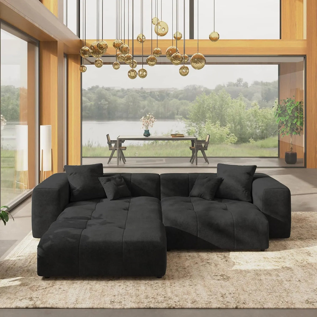 Matrix 2-Seater Black Chaise Sectional | 3-Piece (Includes 1 Ottoman), Linen Fabric, Lounge Room Seating