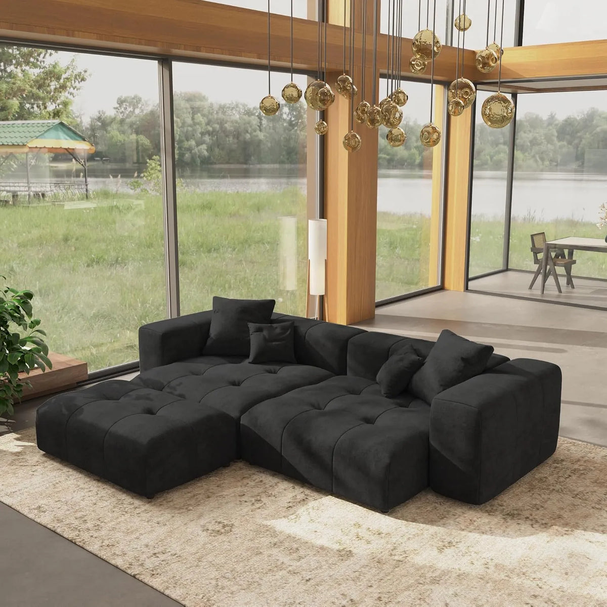Matrix 2-Seater Black Chaise Sectional | 3-Piece (Includes 1 Ottoman), Linen Fabric, Lounge Room Seating