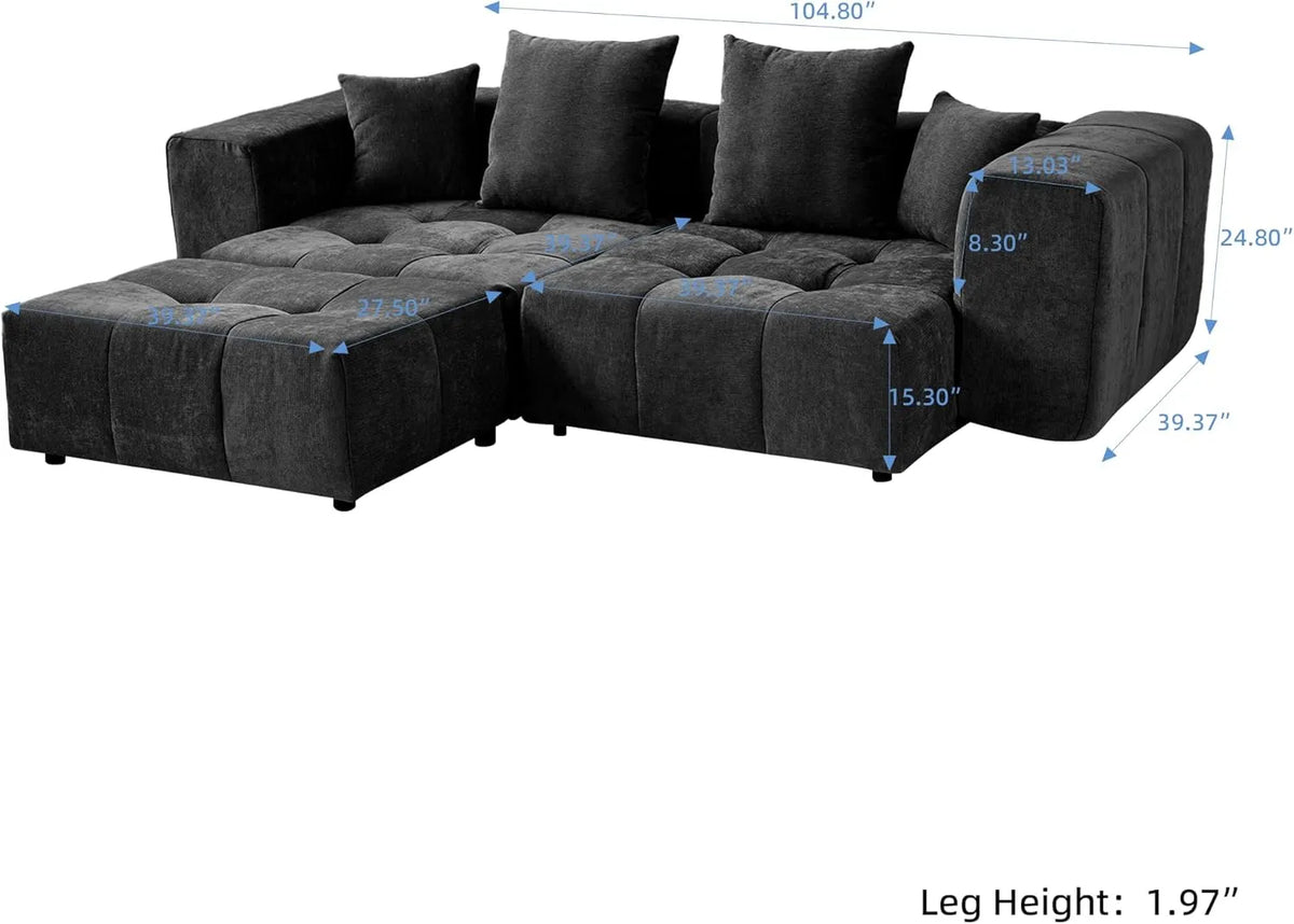 Matrix 2-Seater Black Chaise Sectional | 3-Piece (Includes 1 Ottoman), Linen Fabric, Lounge Room Seating