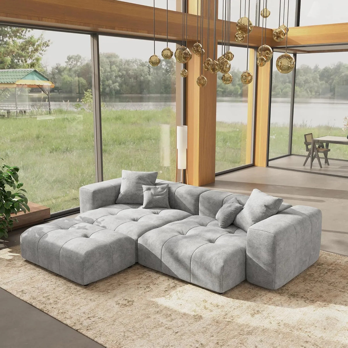 Sofá seccional Matrix de 2 plazas con chaise longue en lino gris claro | 3 piezas (incluye 1 otomana), asientos para sala de estar, estilo moderno