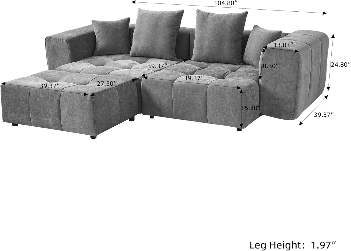 Sofá seccional Matrix de 2 plazas con chaise longue en lino gris claro | 3 piezas (incluye 1 otomana), asientos para sala de estar, estilo moderno