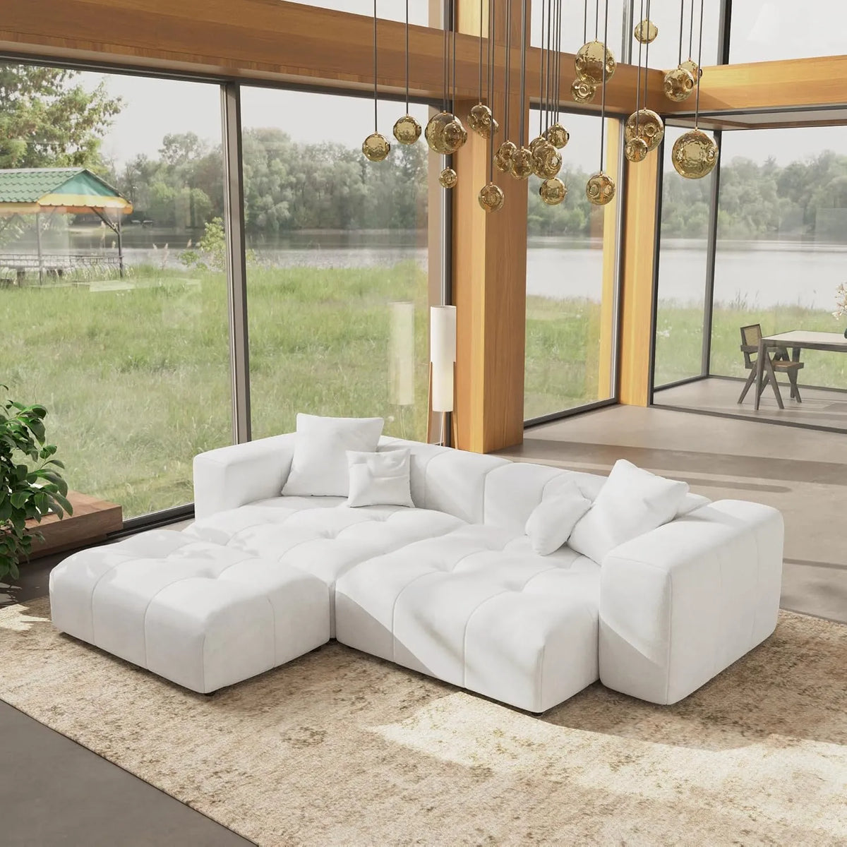 Sofá seccional Matrix de 2 plazas con chaise longue en lino blanco | 3 piezas (incluye 1 otomana), asientos para sala de estar, diseño elegante