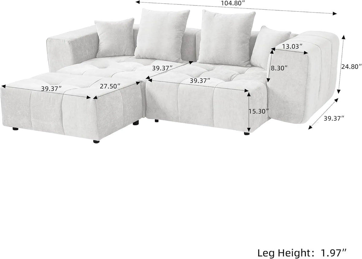 Sofá seccional Matrix de 2 plazas con chaise longue en lino blanco | 3 piezas (incluye 1 otomana), asientos para sala de estar, diseño elegante