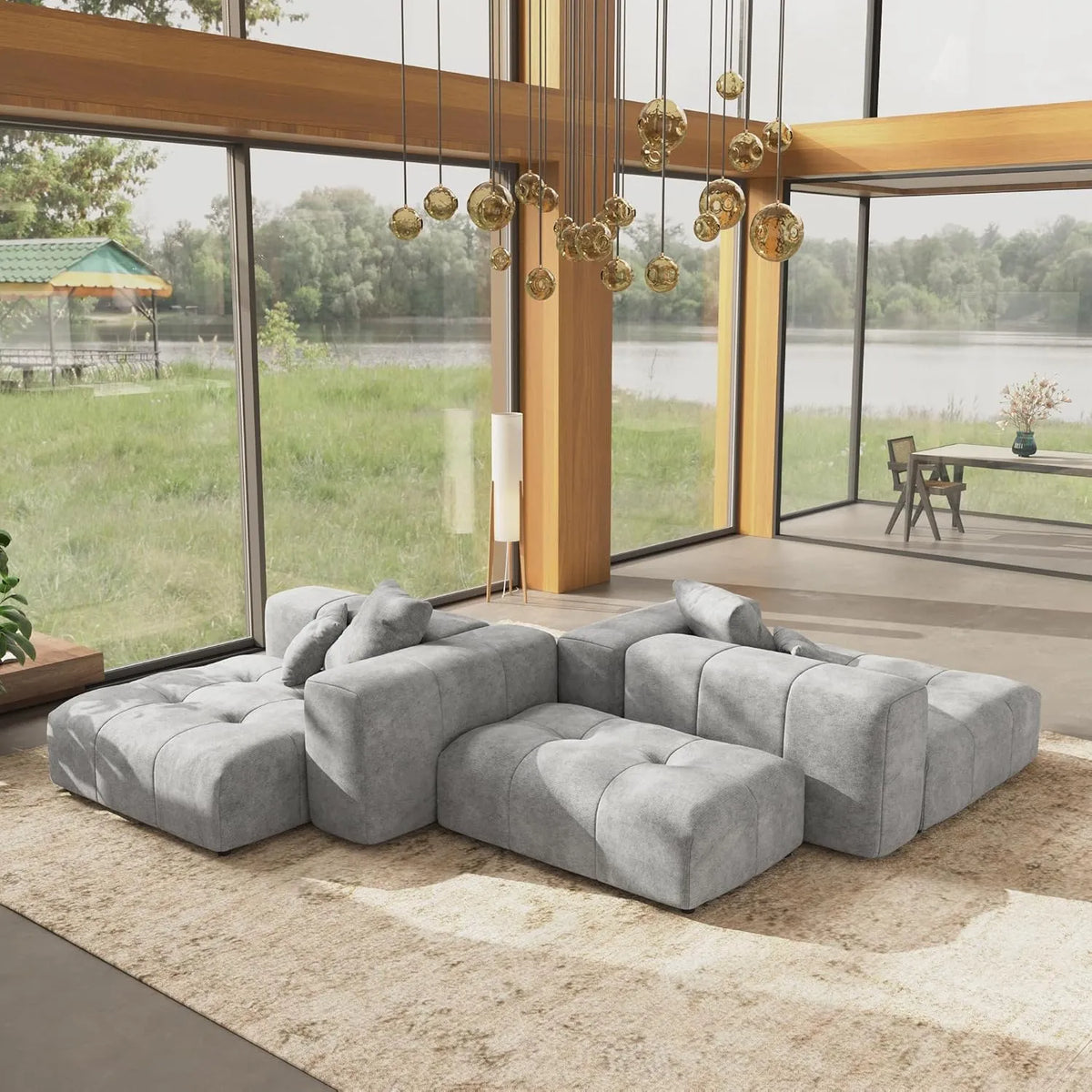 Matrix 2-Seater Symmetrical Sectional in Light-Grey Linen | 4-Piece (Includes 2 Ottomans), Living Room Seating, Contemporary Style