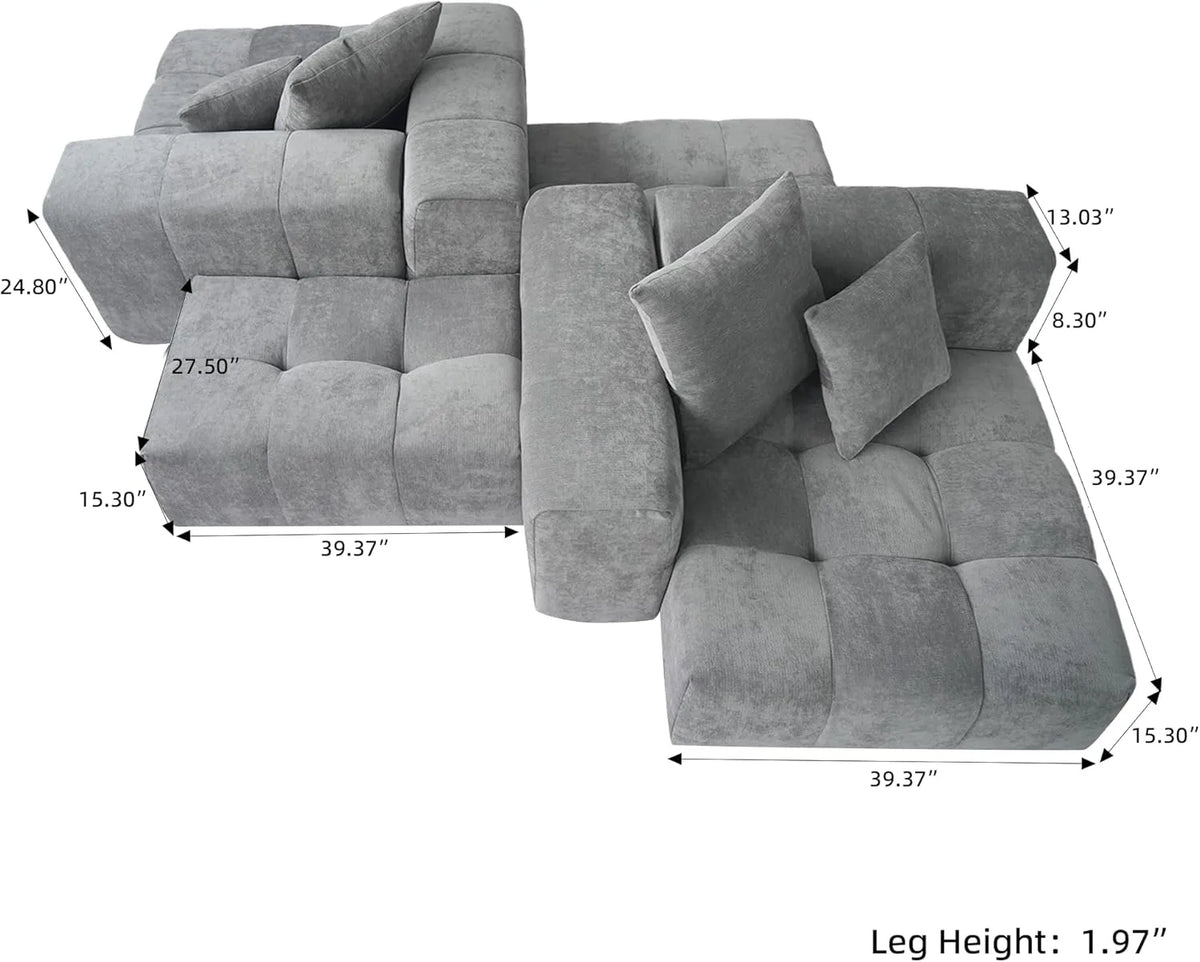 Matrix 2-Seater Symmetrical Sectional in Light-Grey Linen | 4-Piece (Includes 2 Ottomans), Living Room Seating, Contemporary Style