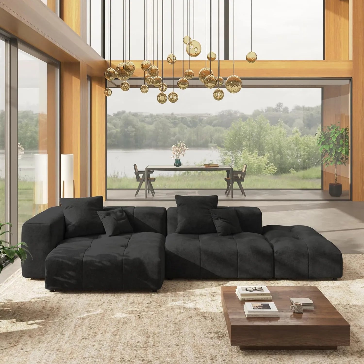 Sofá seccional Matrix de 2 plazas con chaise longue en lino negro | 3 piezas (incluye 1 otomana), Asientos para salón, Diseño modular